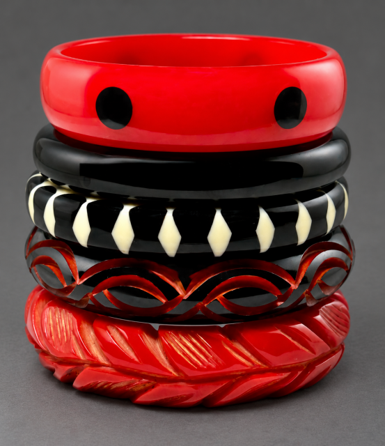 vintage red & black bakelite bangles plus resin black & cream bowtie bangle